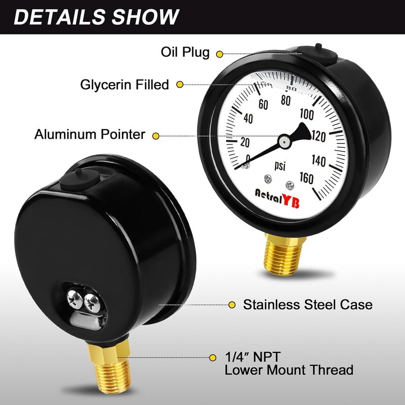 AetralYB 0-160 Psi Pressure Gauge,Stainless Steel Case,Glycerin Liquid Filled, 2.5" Dial Size, 1/4" NPT Lower Mount, IP67 Waterproof,for Water Pump, Air Compressor, Well Pump, RV Regulator - Image 4